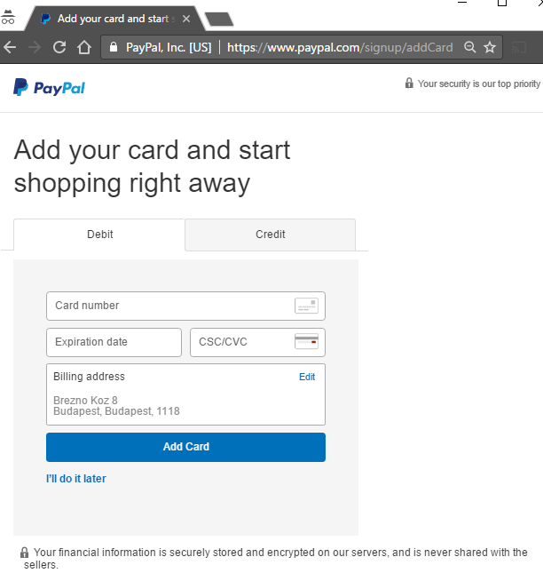 paypal regisztráció - kártya adatok megadása