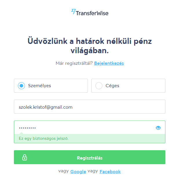 transferwise regisztráció